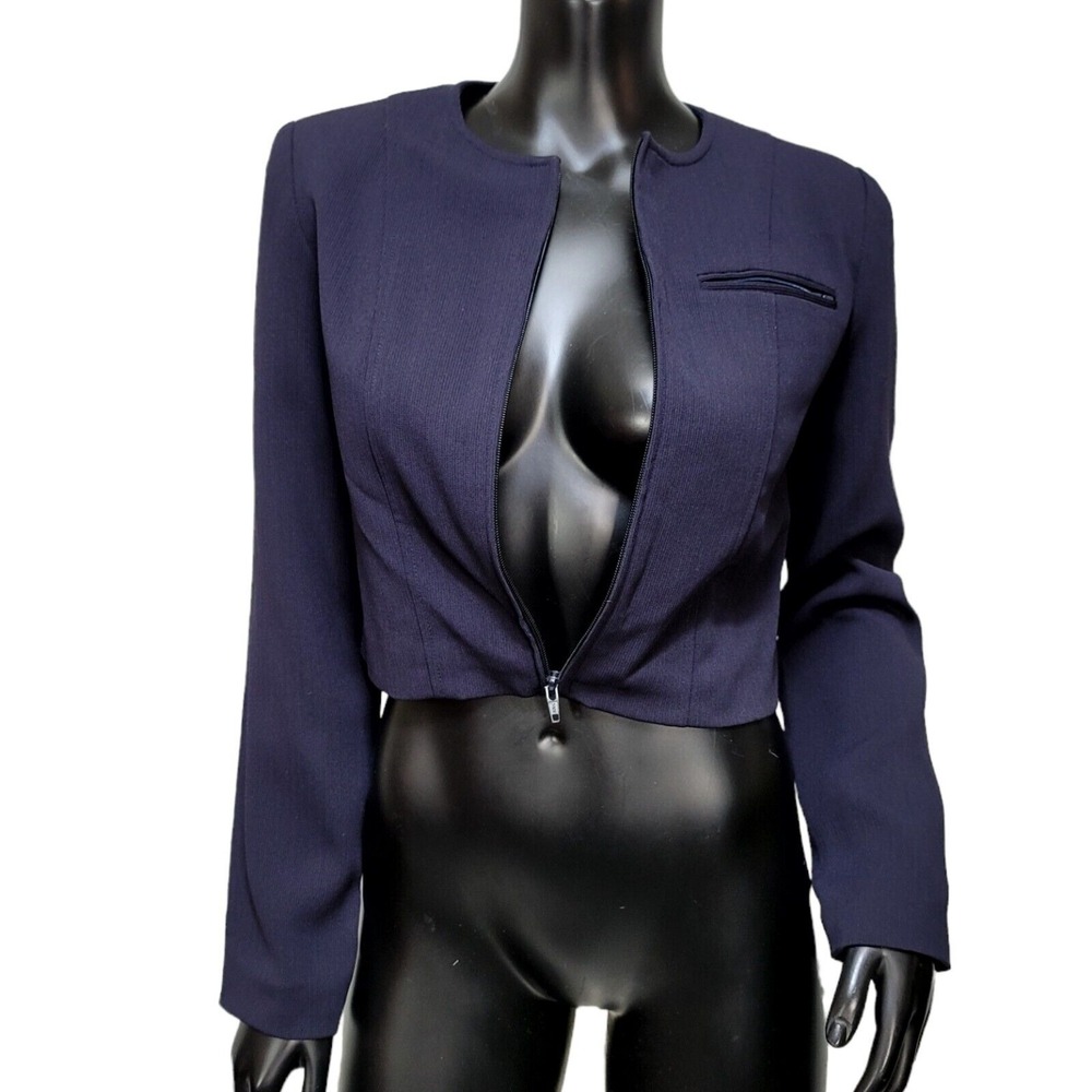 Vintage 90s Mevisto Navy Blue Ribbed Cropped Bolero Jacket Full Zip Long Sleeves